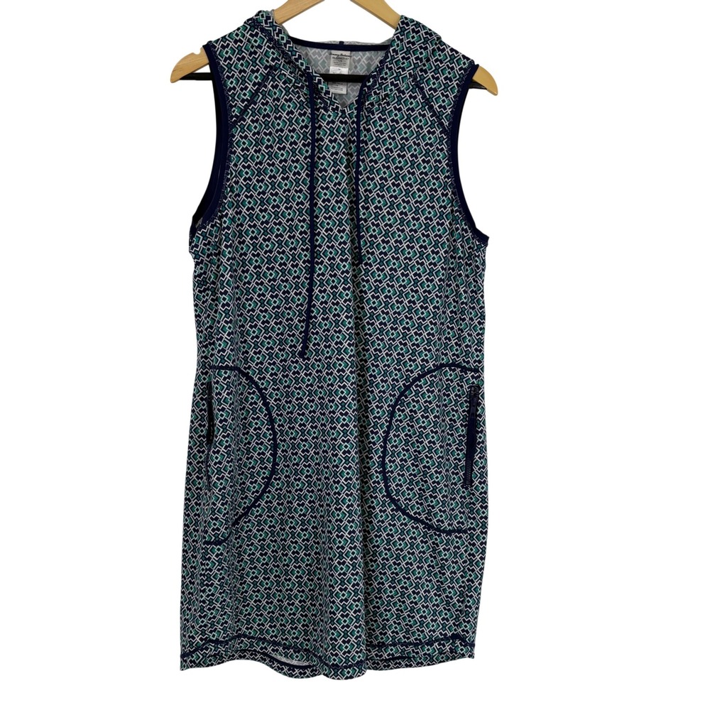 Tommy Bahama IslandActive Dress L Navy Teal Geometric Hooded Sleeveless Swim